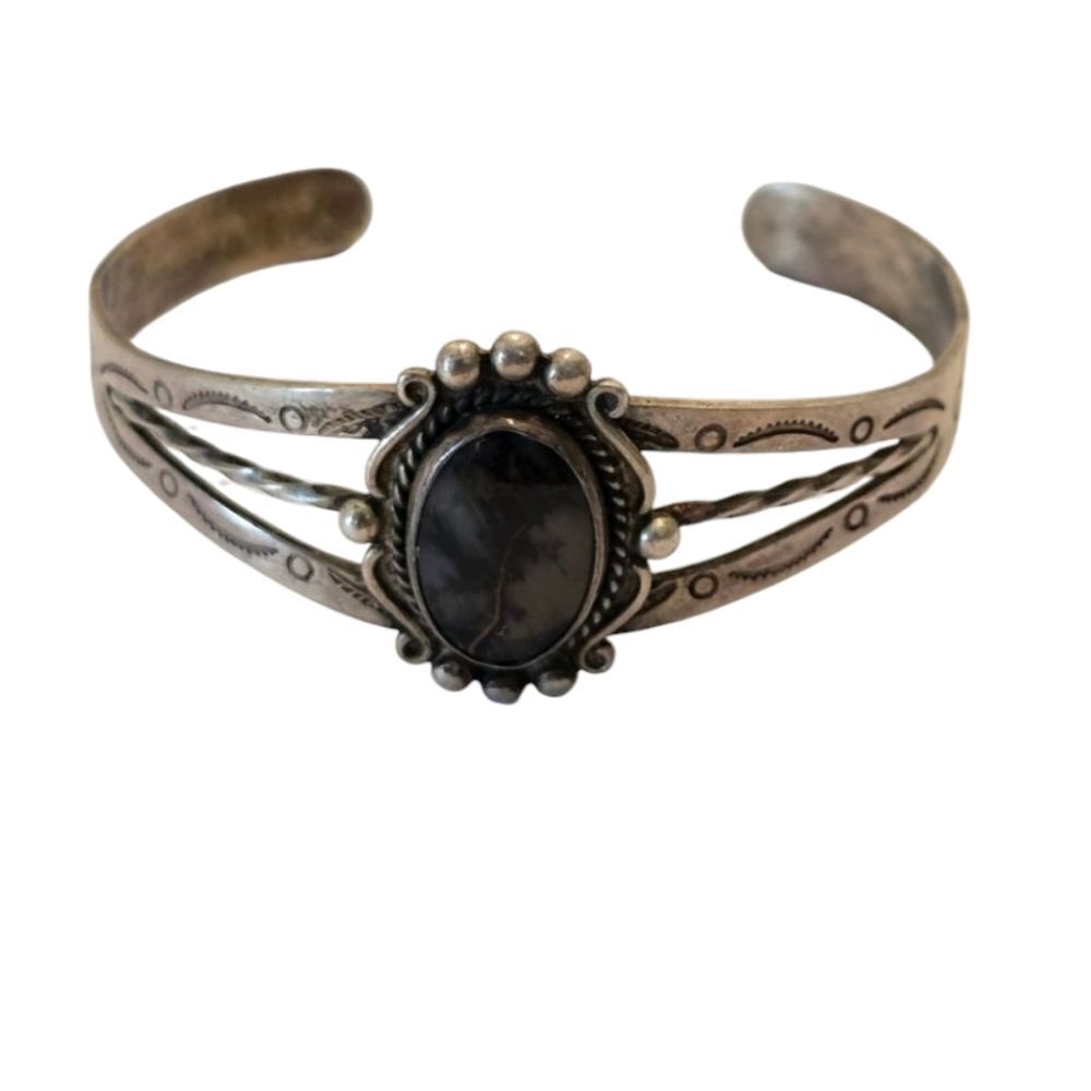 FRED HARVEY Era Navajo Sterling‎ Gray Agate Cuff Bracelet